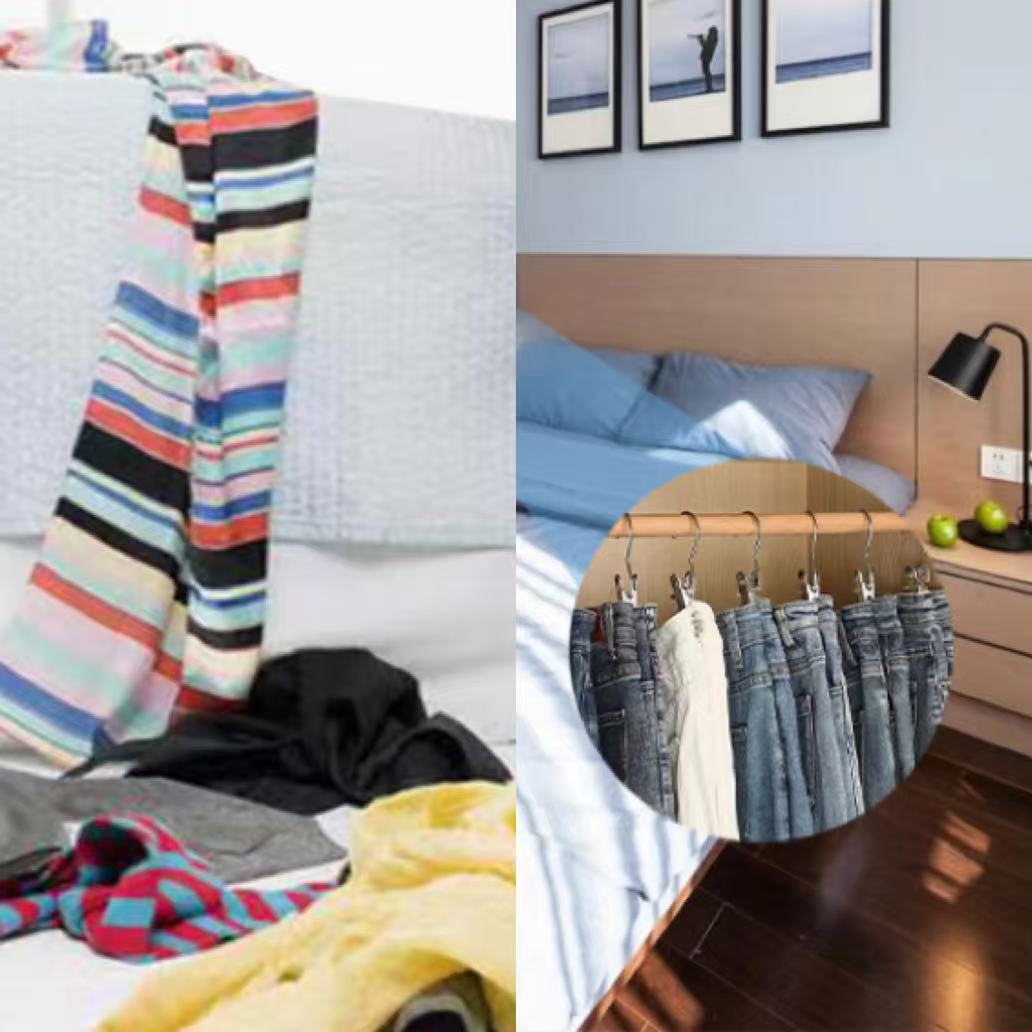 JEREMYTIS hanger clips organizing jeans and clothes in a bedroom space