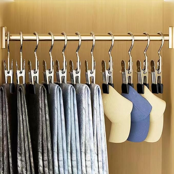 Clip hangers organizing clothes and hats in closet