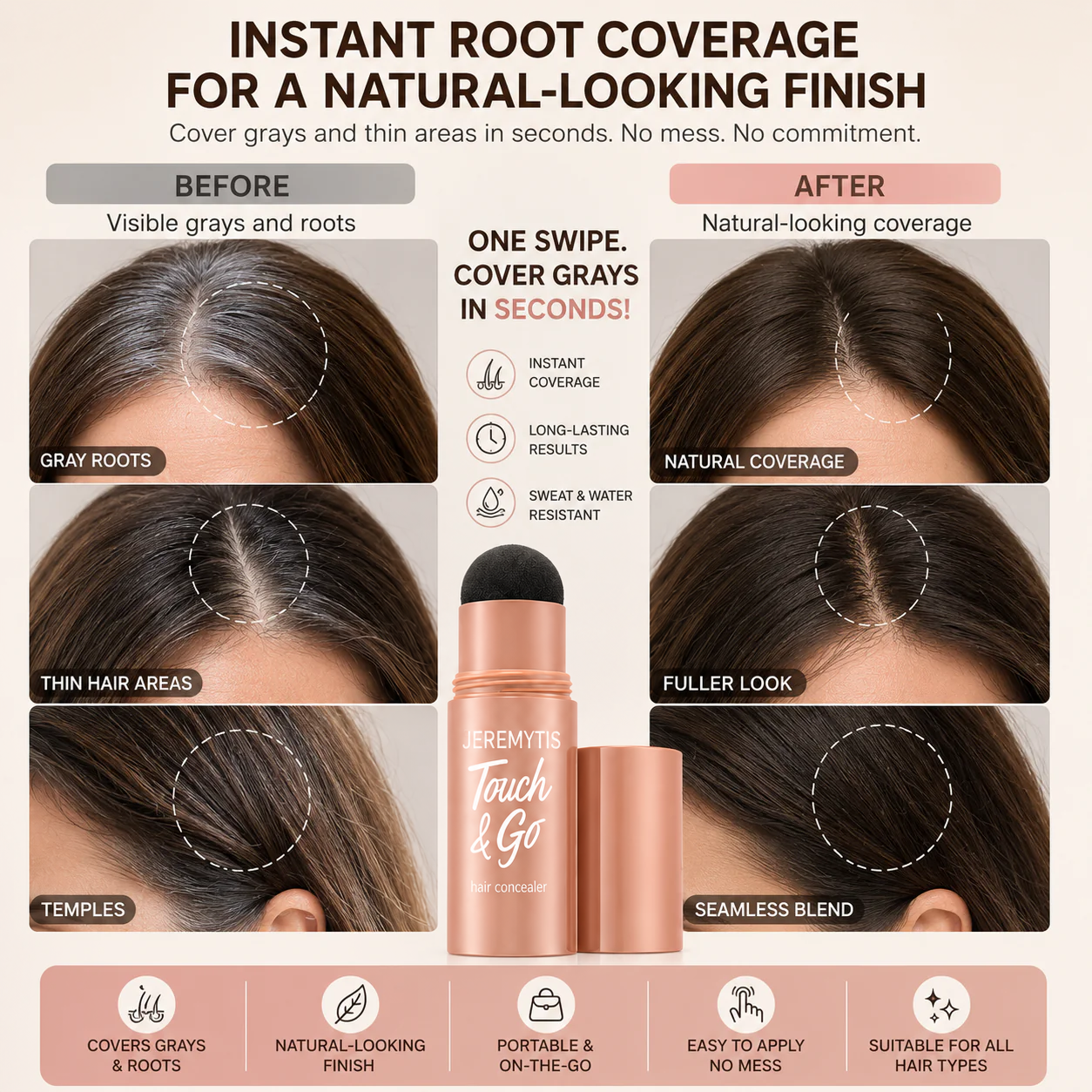 Instant root coverage before and after natural-looking finish