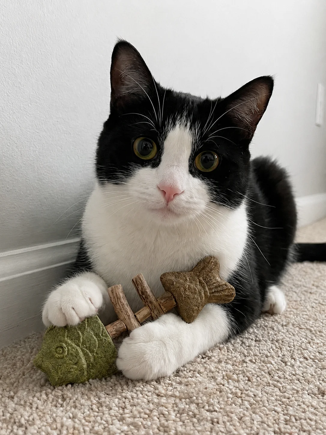 Black and white cat playing with catnip chew toy