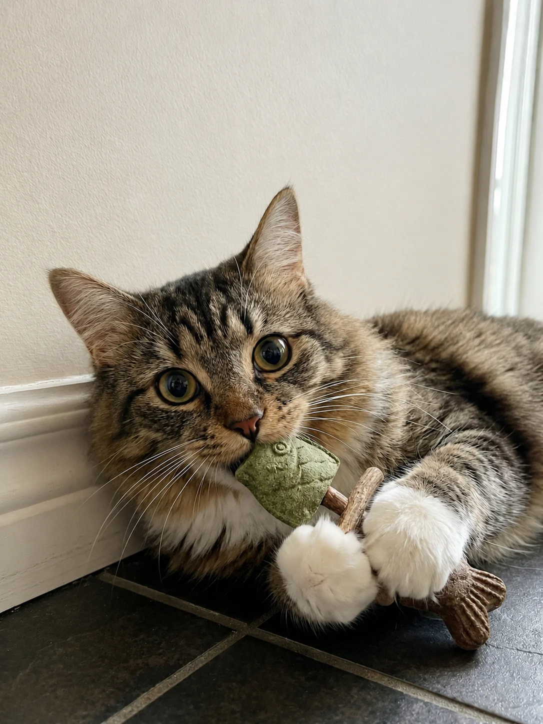 Cat chewing catnip silvervine toy