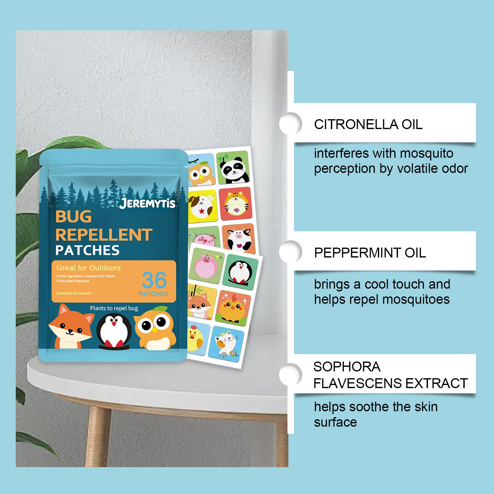 JEREMYTIS mosquito repellent stickers ingredient benefits display